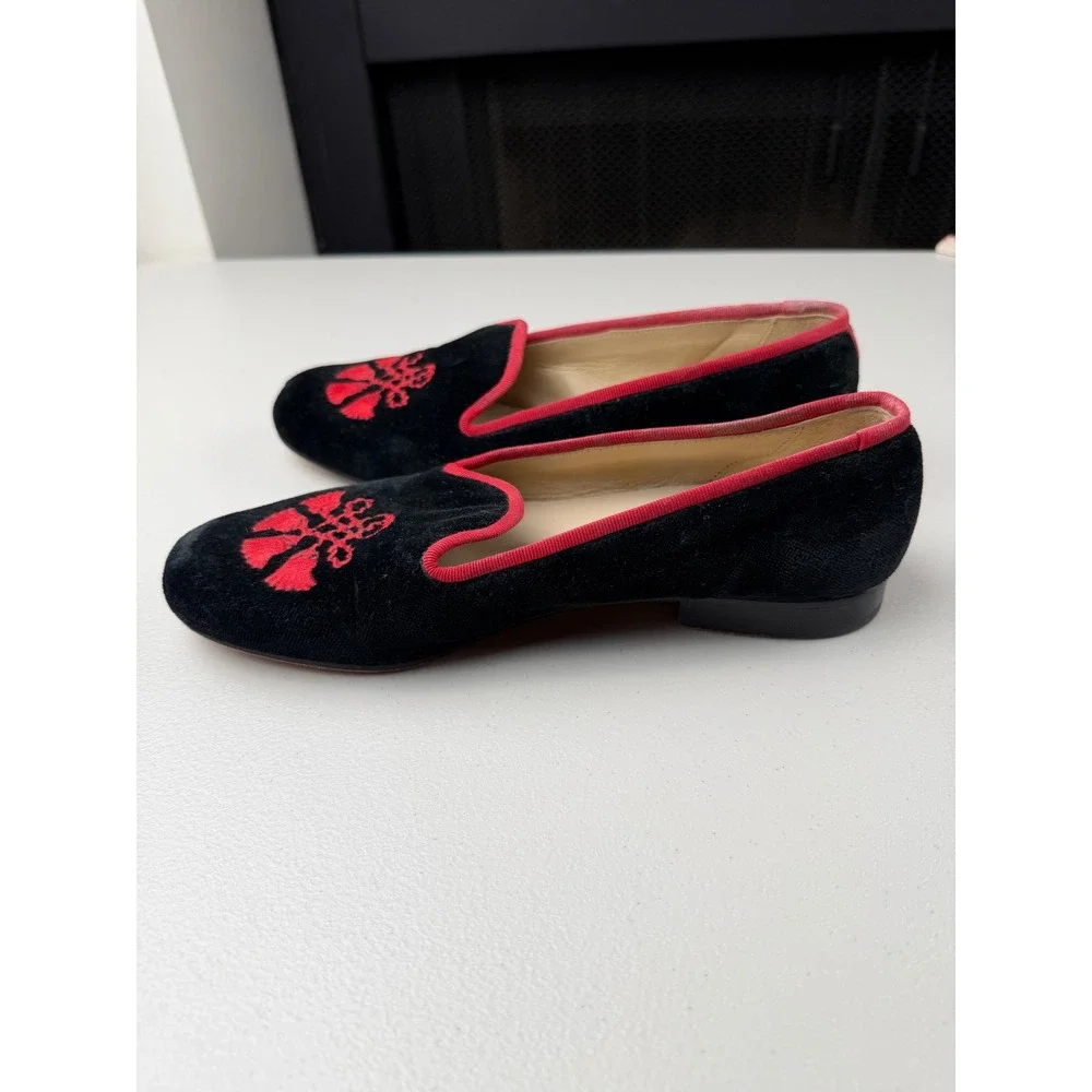 Stubbs &‎ Wootton Black Velvet Red Embroidered Tassel Smoking Slipper Loafers 6